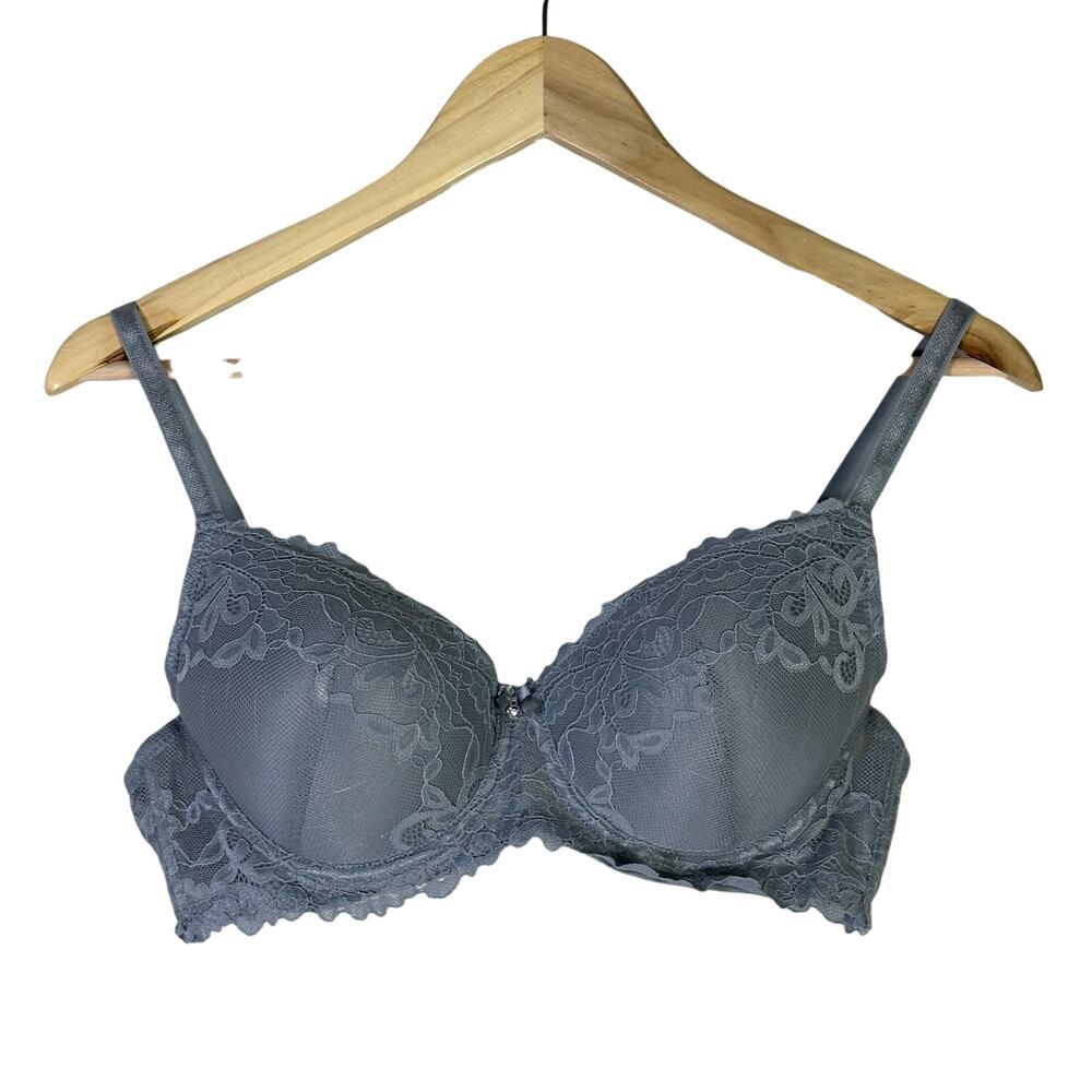Gray Lace Bra Womens 36C Padded Push-Up Underwire Bow Romantic Coquette
